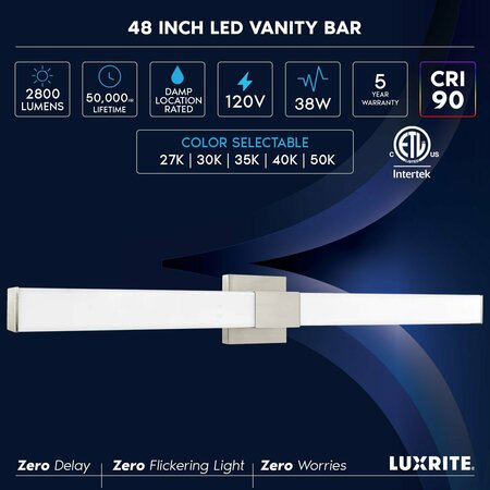 Luxrite 48 Inch Square LED Vanity Light Over Mirror Brushed Nickel 5CCT 2700K-5000K 38W 2800LM Dimmable ETL LR32179-1PK